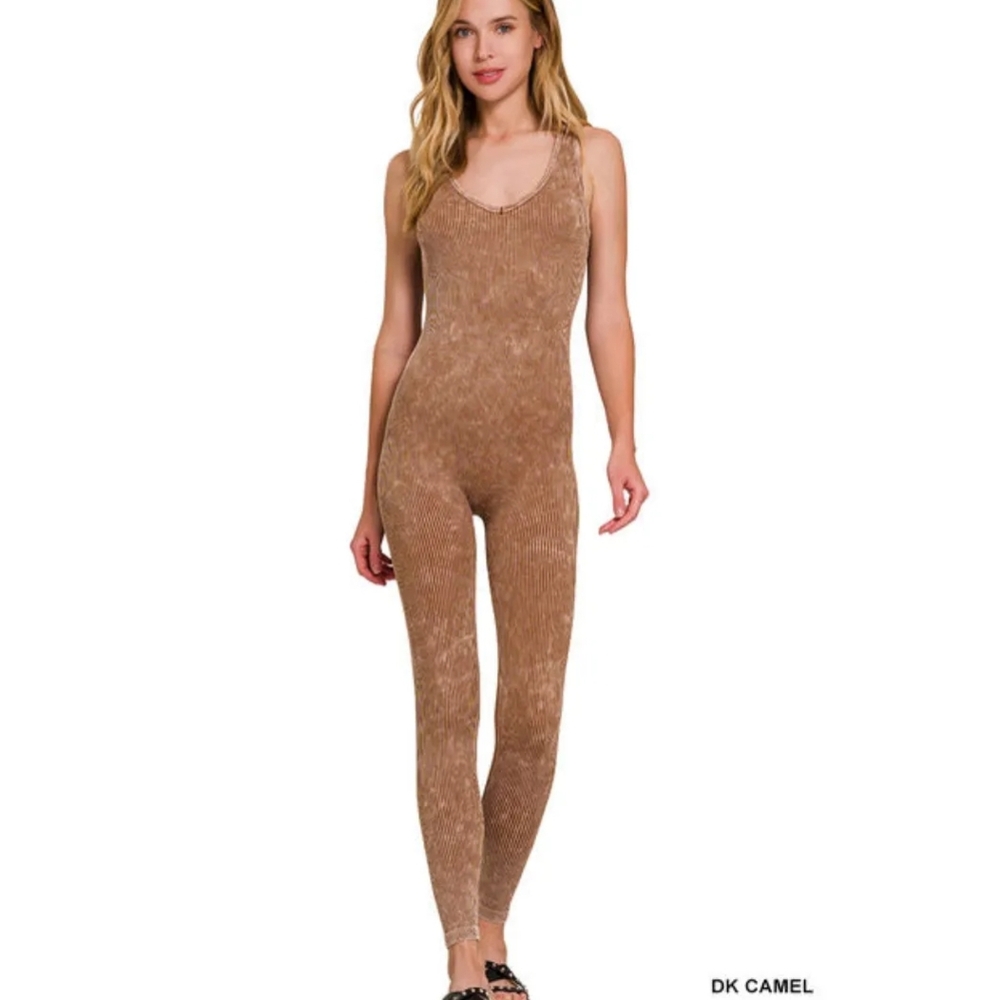 Zenana Ribbed Sleeveless Jumpsuit in DarkCamel - NIP